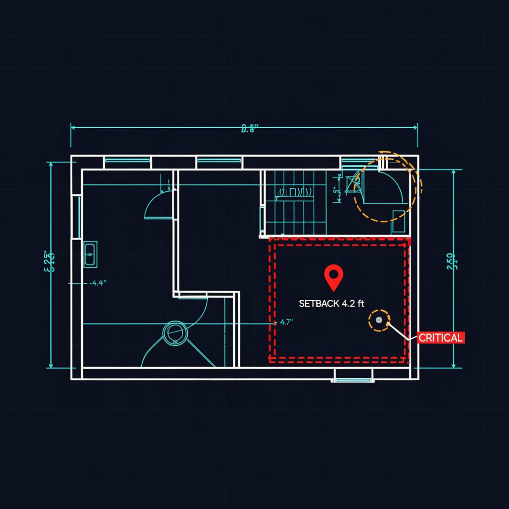 Floor plan blueprint annotated by Readyfolio with a red dashed setback conflict box and amber circle for a missing dimension.