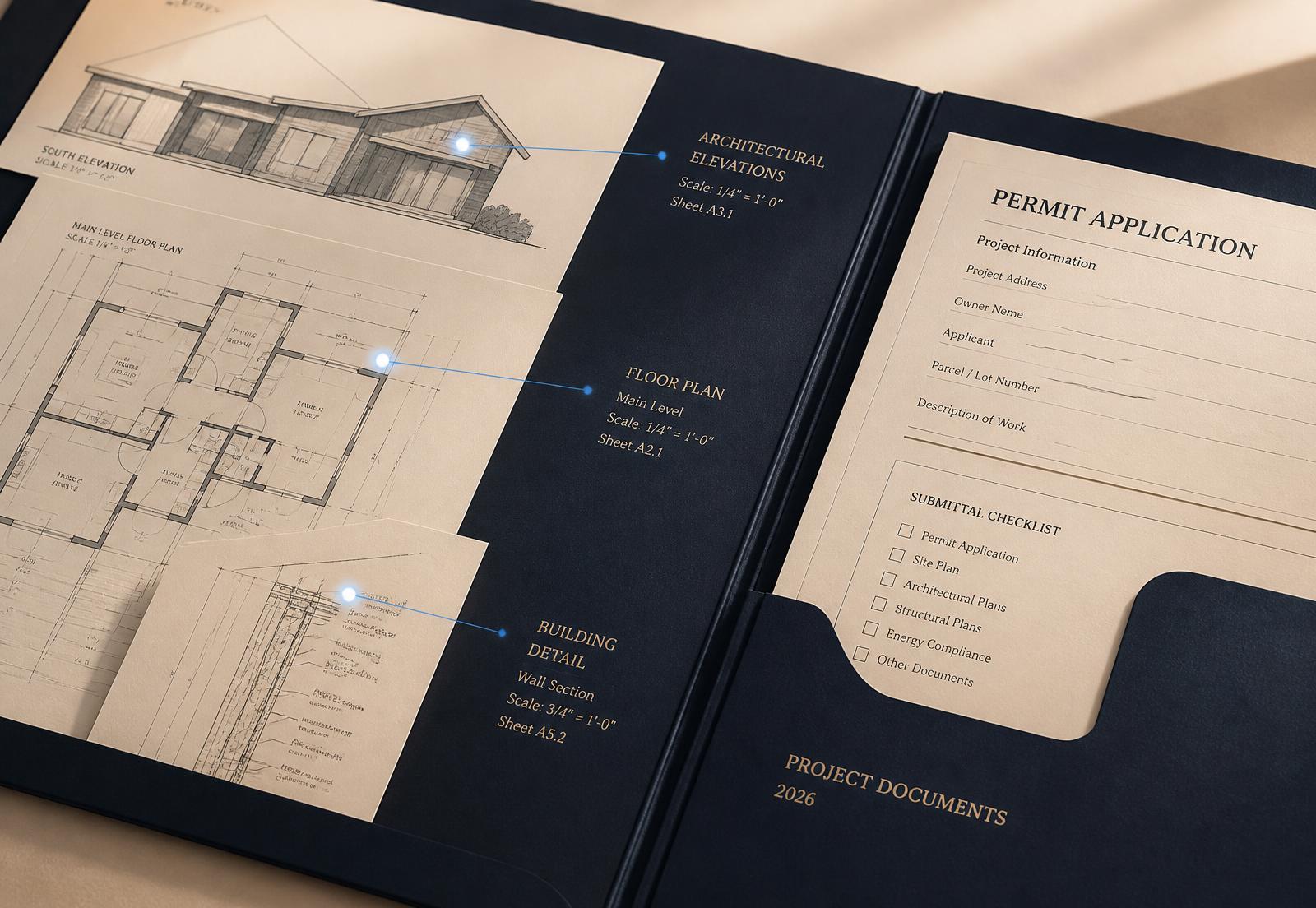 Plan sheets and permit forms assembled inside a navy folio with blue source anchors linking sheet details to labels.