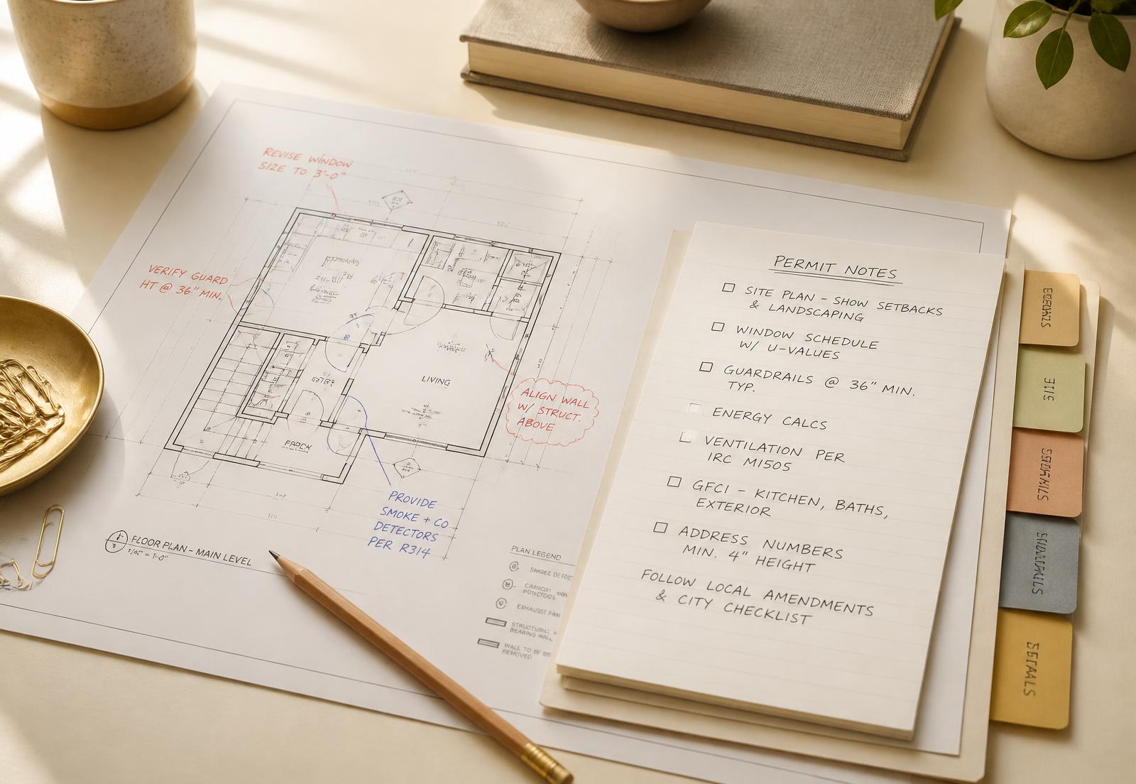 Annotated plan sheets and handwritten permit notes with colored tabs on a warm desk.