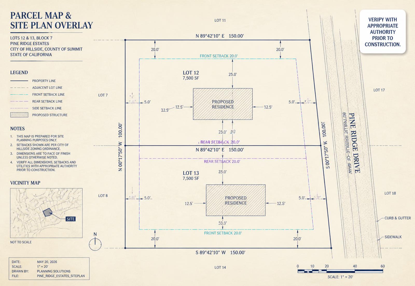 Parcel map and site plan overlay on warm paper with highlighted setbacks and a verify-with-authority badge.